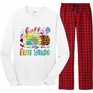 Hello 1st Grade Leopard Pencil Tie Dye Funny Back To School Long Sleeve Pajama Set