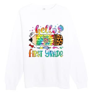 Hello 1st Grade Leopard Pencil Tie Dye Funny Back To School Premium Crewneck Sweatshirt