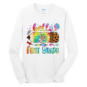 Hello 1st Grade Leopard Pencil Tie Dye Funny Back To School Tall Long Sleeve T-Shirt