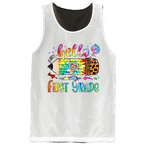 Hello 1st Grade Leopard Pencil Tie Dye Funny Back To School Mesh Reversible Basketball Jersey Tank