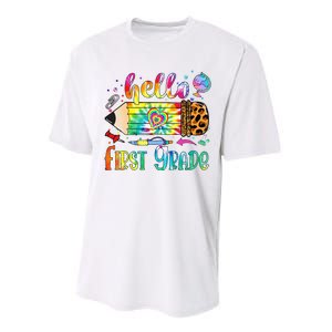 Hello 1st Grade Leopard Pencil Tie Dye Funny Back To School Performance Sprint T-Shirt