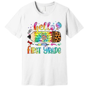 Hello 1st Grade Leopard Pencil Tie Dye Funny Back To School Premium T-Shirt