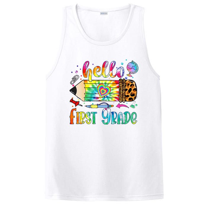 Hello 1st Grade Leopard Pencil Tie Dye Funny Back To School PosiCharge Competitor Tank