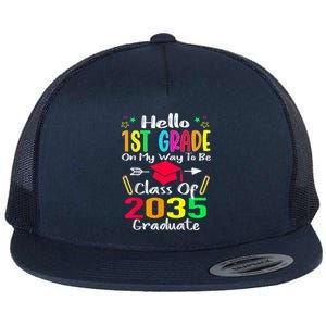 Hello 1st Grade Back To School Class Of 2035 Grow with Me Flat Bill Trucker Hat