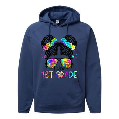 Hello 1st Grade Messy Bun Team First Grade Back To School Performance Fleece Hoodie