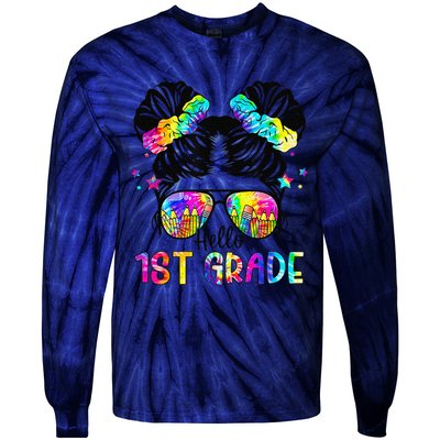 Hello 1st Grade Messy Bun Team First Grade Back To School Tie-Dye Long Sleeve Shirt