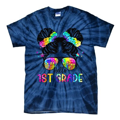 Hello 1st Grade Messy Bun Team First Grade Back To School Tie-Dye T-Shirt