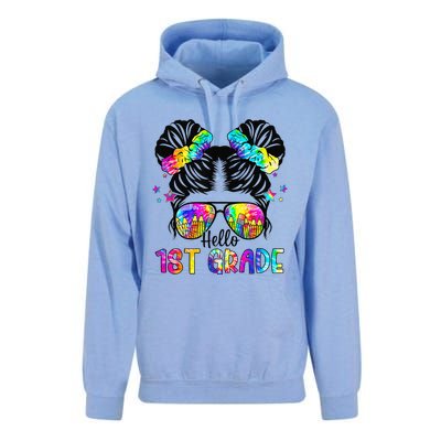 Hello 1st Grade Messy Bun Team First Grade Back To School Unisex Surf Hoodie