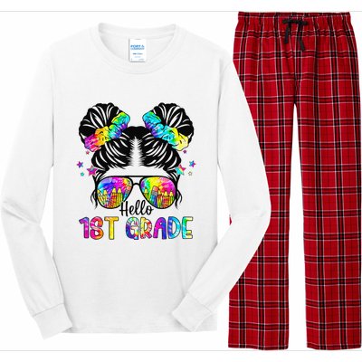 Hello 1st Grade Messy Bun Team First Grade Back To School Long Sleeve Pajama Set