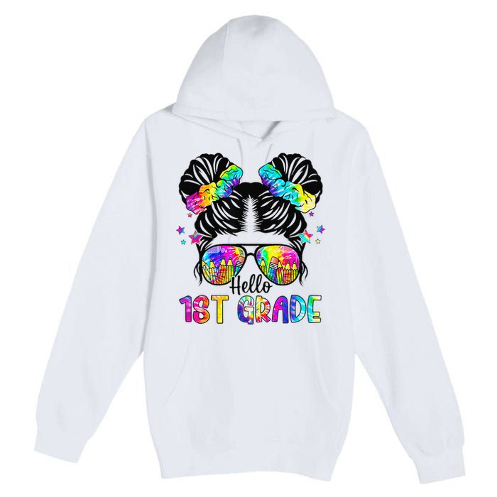 Hello 1st Grade Messy Bun Team First Grade Back To School Premium Pullover Hoodie