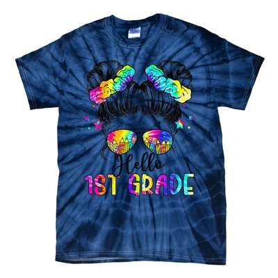 Hello 1st Grade Messy Hair Bun Girl Back To School First Day Gift Tie-Dye T-Shirt