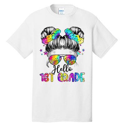 Hello 1st Grade Messy Hair Bun Girl Back To School First Day Gift Tall T-Shirt