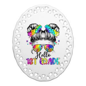 Hello 1st Grade Messy Hair Bun Girl Back To School First Day Gift Ceramic Oval Ornament