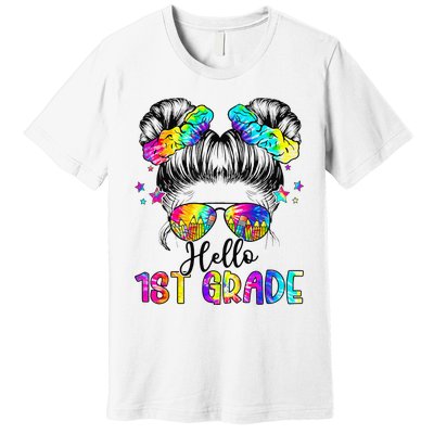 Hello 1st Grade Messy Hair Bun Girl Back To School First Day Gift Premium T-Shirt