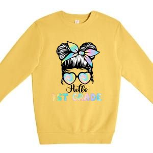 Hello 1st Grade Messy Hair Bun Girl Back To School First Day Premium Crewneck Sweatshirt