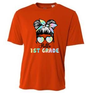 Hello 1st Grade Messy Hair Bun Girl Back To School First Day Cooling Performance Crew T-Shirt