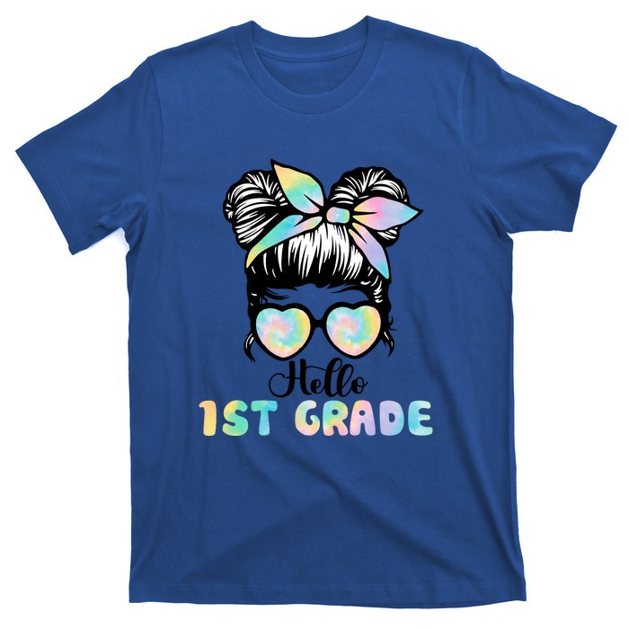 Hello 1st Grade Messy Hair Bun Girl Back To School First Day T-Shirt