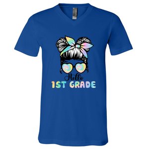 Hello 1st Grade Messy Hair Bun Girl Back To School First Day V-Neck T-Shirt