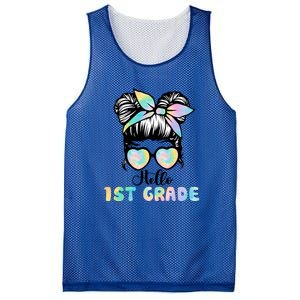 Hello 1st Grade Messy Hair Bun Girl Back To School First Day Mesh Reversible Basketball Jersey Tank