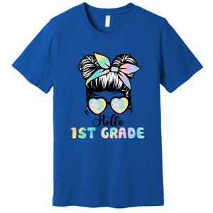 Hello 1st Grade Messy Hair Bun Girl Back To School First Day Premium T-Shirt