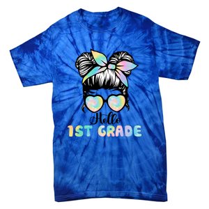 Hello 1st Grade Messy Hair Bun Girl Back To School First Day Tie-Dye T-Shirt