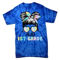 Hello 1st Grade Messy Hair Bun Girl Back To School First Day Tie-Dye T-Shirt