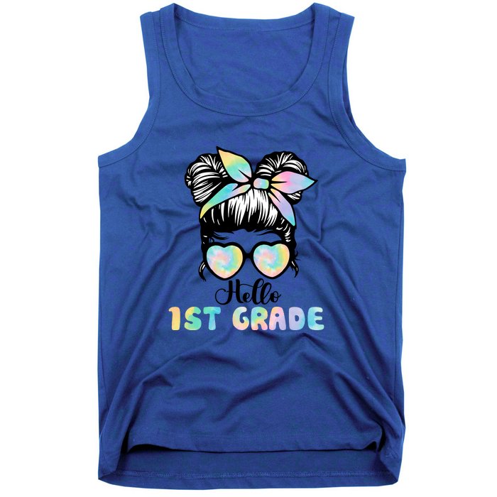 Hello 1st Grade Messy Hair Bun Girl Back To School First Day Tank Top