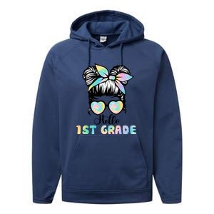 Hello 1st Grade Messy Hair Bun Girl Back To School First Day Performance Fleece Hoodie