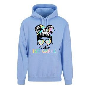 Hello 1st Grade Messy Hair Bun Girl Back To School First Day Unisex Surf Hoodie