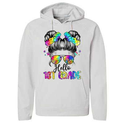 Hello 1st Grade Messy Hair Bun Back To School First Day Performance Fleece Hoodie