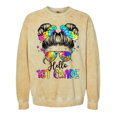 Hello 1st Grade Messy Hair Bun Back To School First Day Colorblast Crewneck Sweatshirt