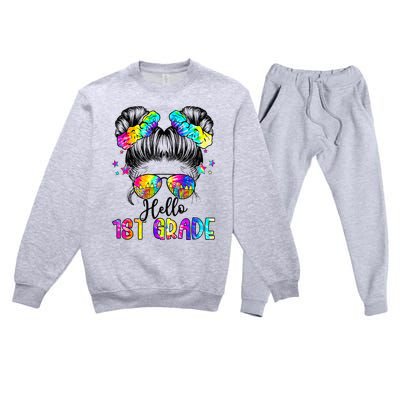 Hello 1st Grade Messy Hair Bun Back To School First Day Premium Crewneck Sweatsuit Set