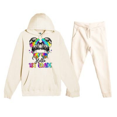 Hello 1st Grade Messy Hair Bun Back To School First Day Premium Hooded Sweatsuit Set