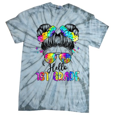 Hello 1st Grade Messy Hair Bun Back To School First Day Tie-Dye T-Shirt