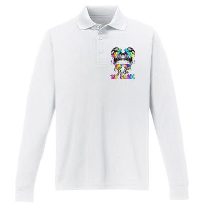 Hello 1st Grade Messy Hair Bun Back To School First Day Performance Long Sleeve Polo