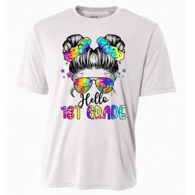 Hello 1st Grade Messy Hair Bun Back To School First Day Cooling Performance Crew T-Shirt