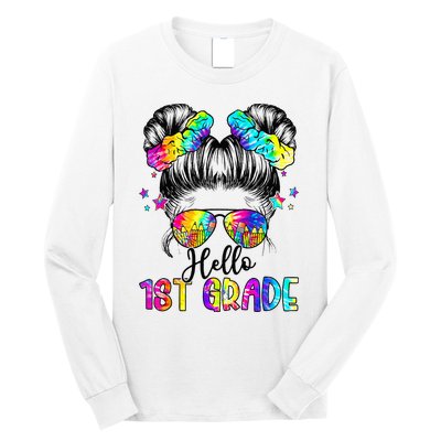 Hello 1st Grade Messy Hair Bun Back To School First Day Long Sleeve Shirt