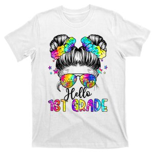 Hello 1st Grade Messy Hair Bun Back To School First Day T-Shirt