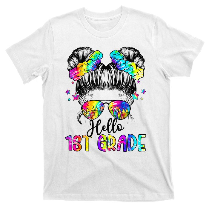 Hello 1st Grade Messy Hair Bun Back To School First Day T-Shirt