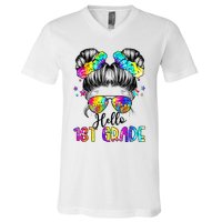 Hello 1st Grade Messy Hair Bun Back To School First Day V-Neck T-Shirt