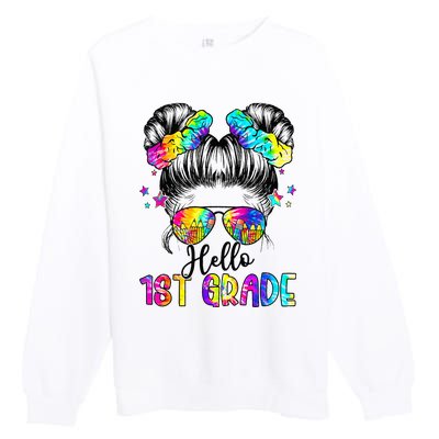 Hello 1st Grade Messy Hair Bun Back To School First Day Premium Crewneck Sweatshirt