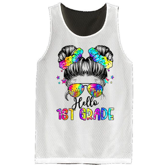 Hello 1st Grade Messy Hair Bun Back To School First Day Mesh Reversible Basketball Jersey Tank