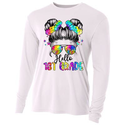 Hello 1st Grade Messy Hair Bun Back To School First Day Cooling Performance Long Sleeve Crew