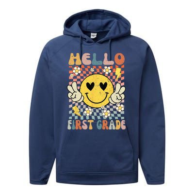 Hello 1st Grade Back To School First Grade Teacher Performance Fleece Hoodie