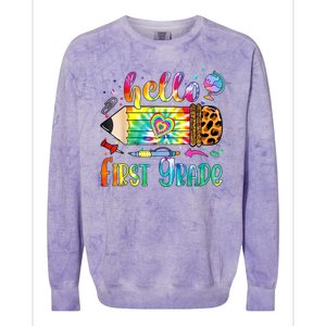 Hello 1st Grade Leopard Pencil Tie Dye Funny Back To School Colorblast Crewneck Sweatshirt