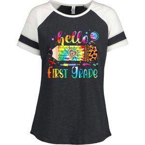 Hello 1st Grade Leopard Pencil Tie Dye Funny Back To School Enza Ladies Jersey Colorblock Tee