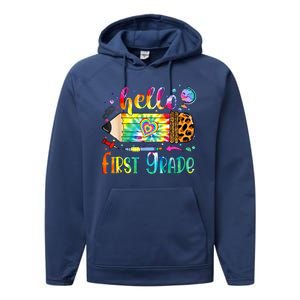 Hello 1st Grade Leopard Pencil Tie Dye Funny Back To School Performance Fleece Hoodie