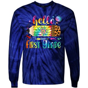 Hello 1st Grade Leopard Pencil Tie Dye Funny Back To School Tie-Dye Long Sleeve Shirt