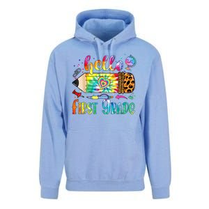 Hello 1st Grade Leopard Pencil Tie Dye Funny Back To School Unisex Surf Hoodie