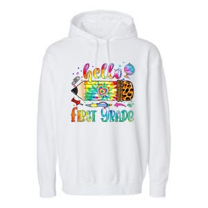 Hello 1st Grade Leopard Pencil Tie Dye Funny Back To School Garment-Dyed Fleece Hoodie